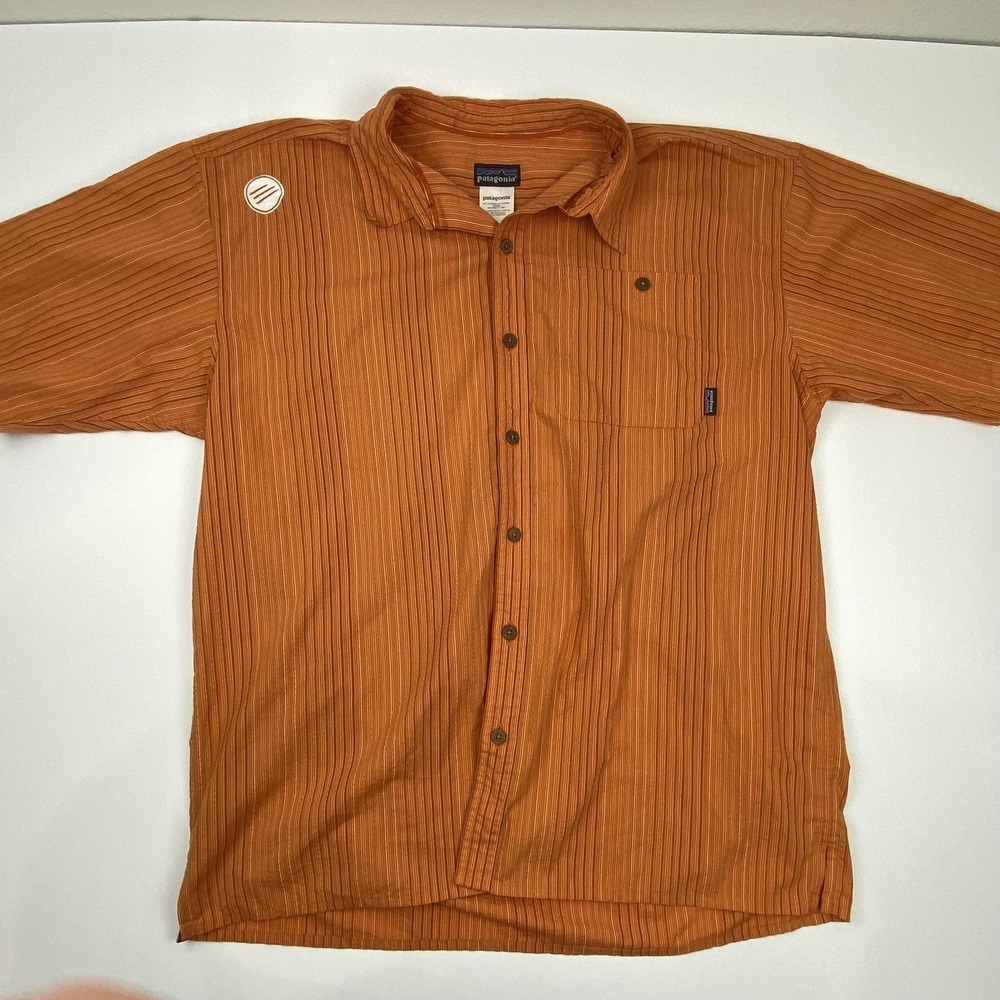 Patagonia Shirt Mens Large Orange Stripe Short Sleeve Bear Naked Logo Button Up